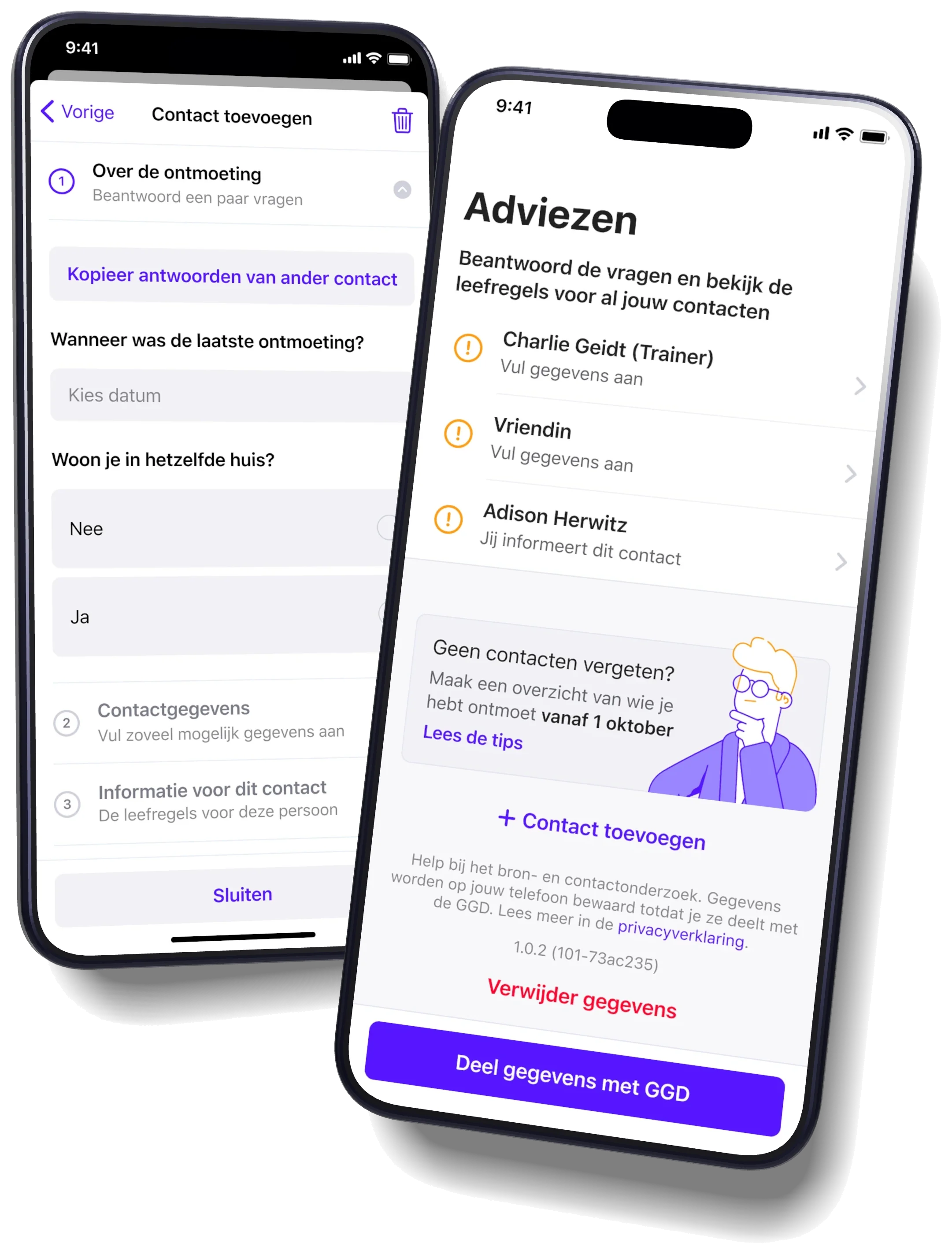 Two phones with the GGD's contact-tracing app: adding a contact by answering questions about the meeting, and the advice for each contact
