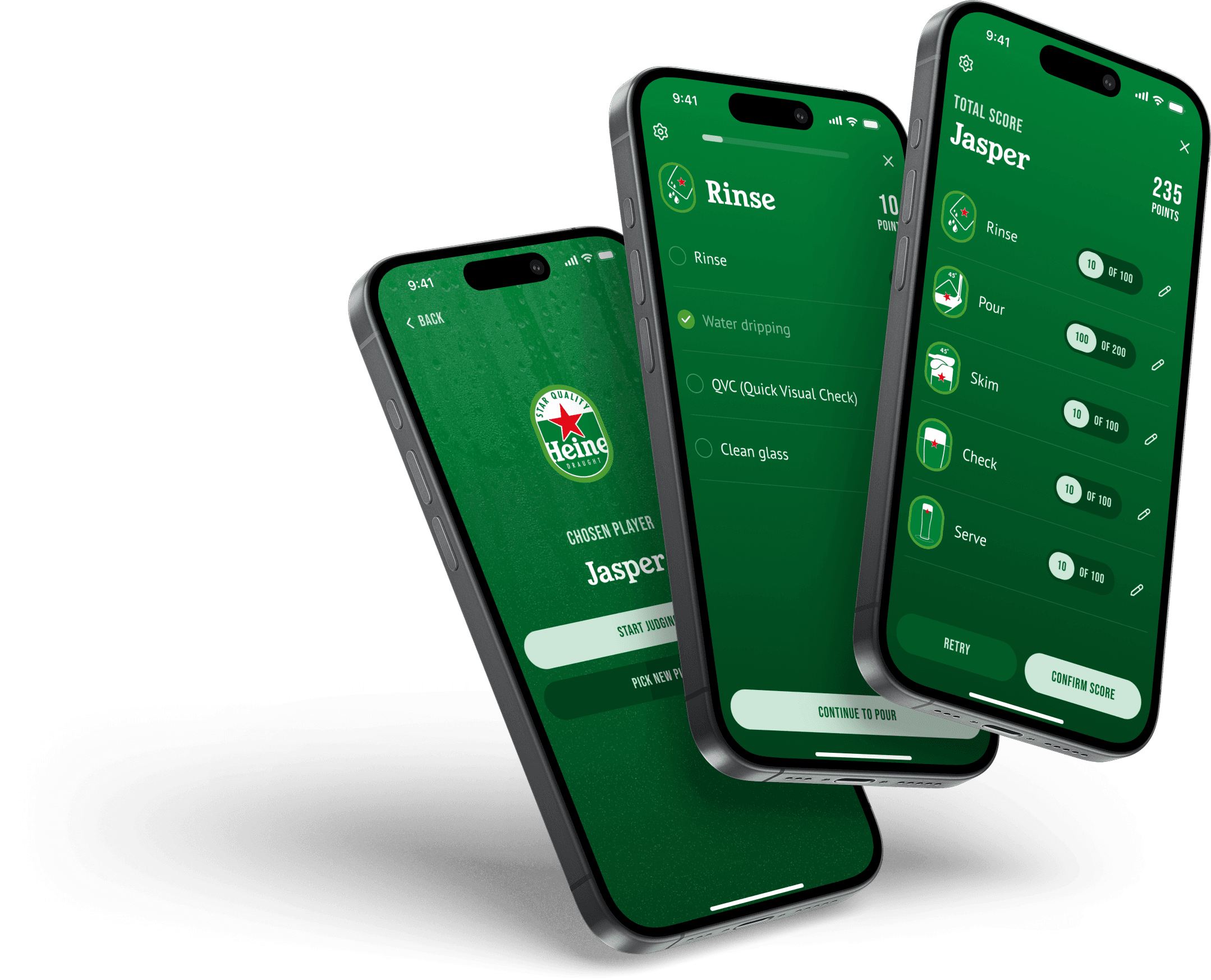 Three phones showing the Heineken Draught Competition app: picking a player, scoring the rinse step, and the final score.