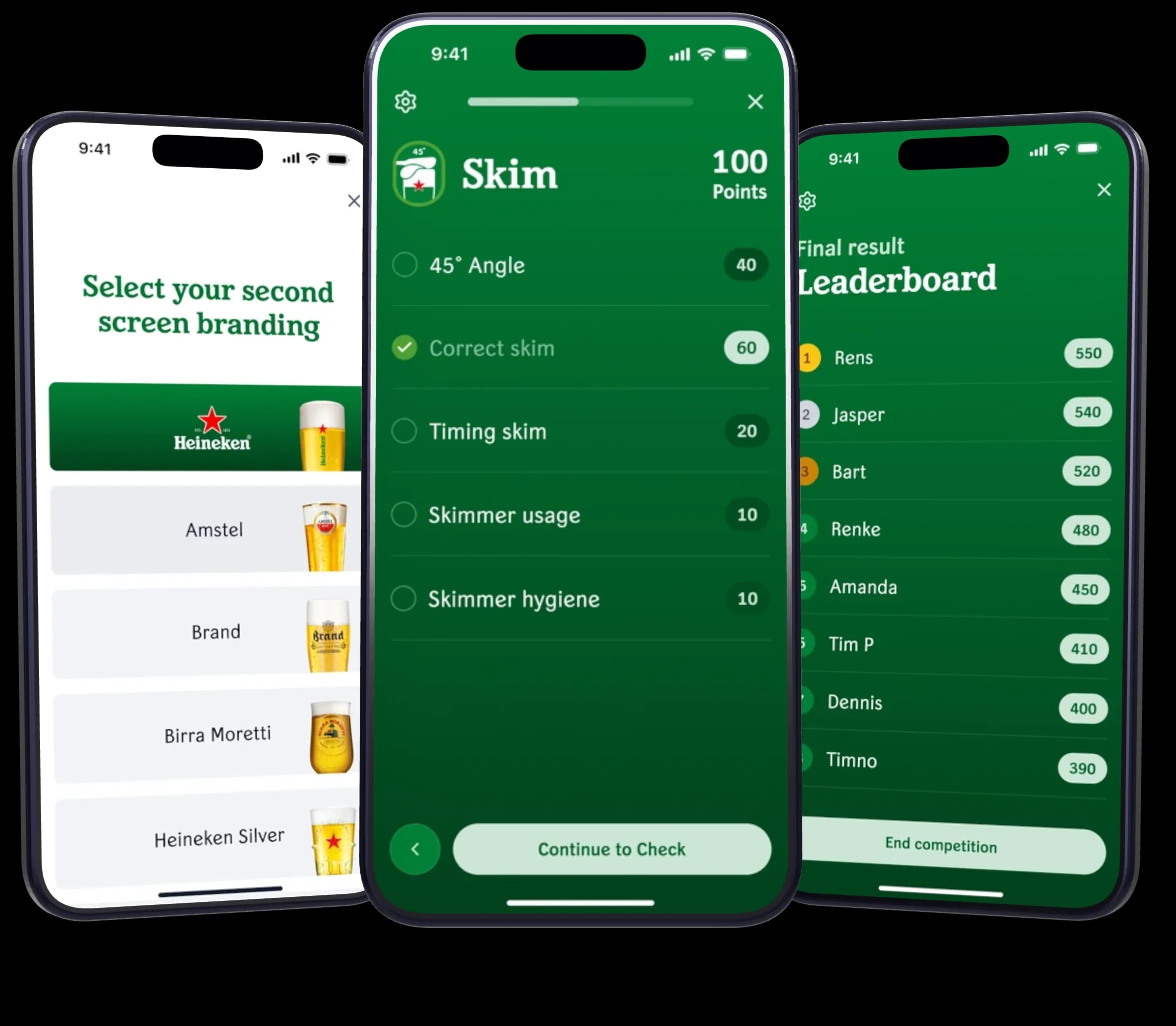 Three phones with Heineken's Star Quality app: choosing the second screen's branding, the skim step being scored and the final leaderboard