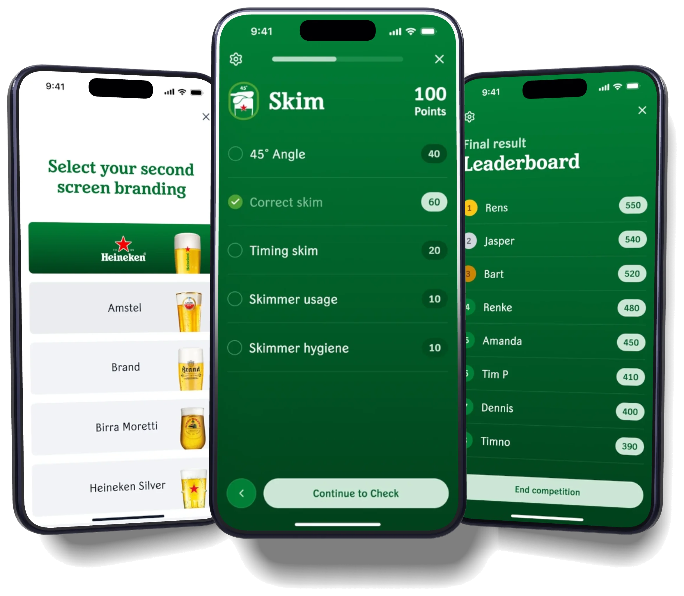 Three phones with Heineken's Star Quality app: choosing the second screen's branding, the skim step being scored and the final leaderboard