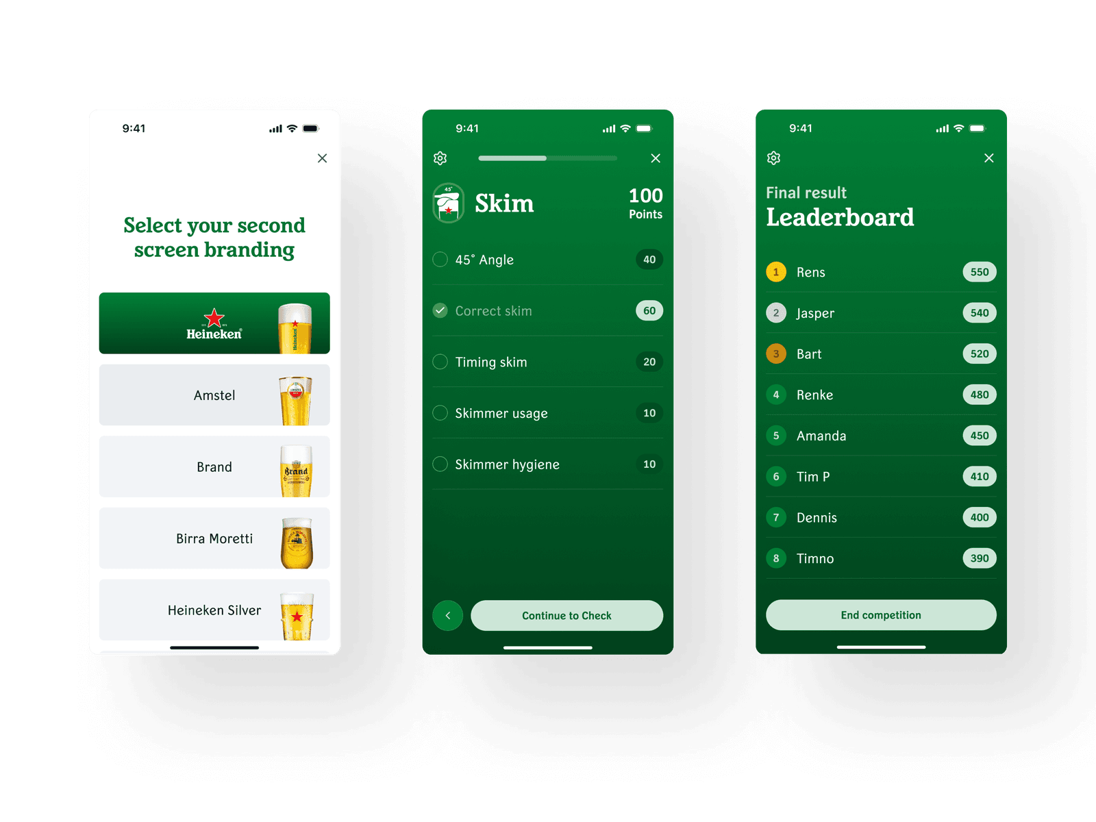 The trainer's scoring app across three phone screens: picking the second-screen branding, scoring a pour step by step and the live leaderboard.