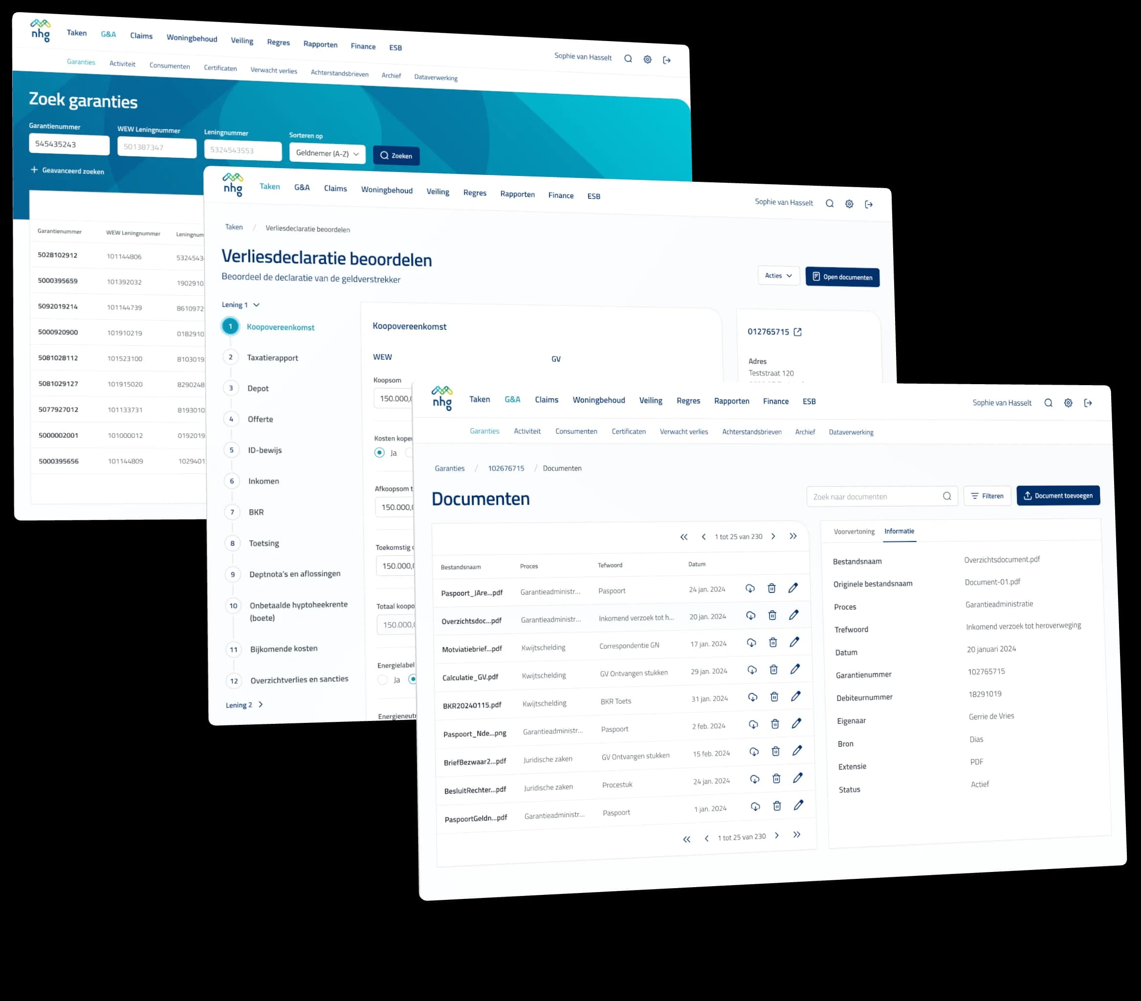 Drie schermen van de back-office applicatie van NHG: garanties zoeken, een verliesdeclaratie stap voor stap beoordelen en de documenten bij een garantie