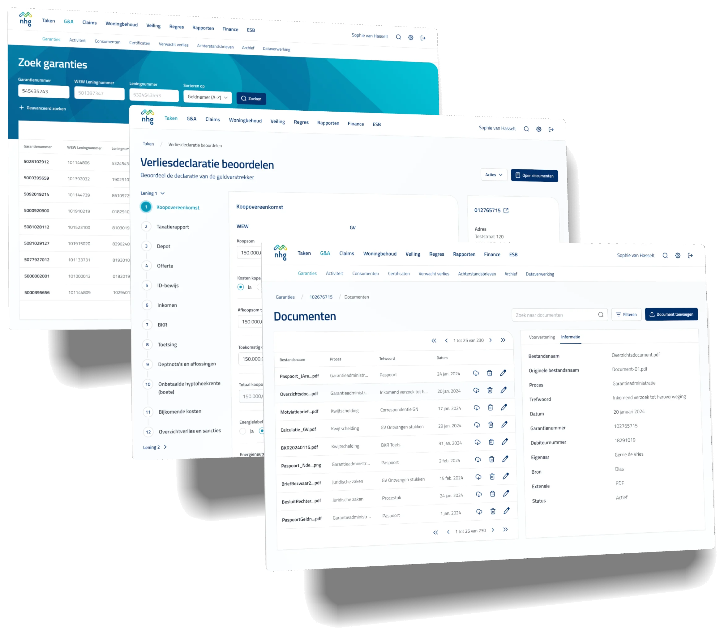 Three screens of NHG's back-office application: searching guarantees, assessing a loss declaration step by step and a guarantee's documents