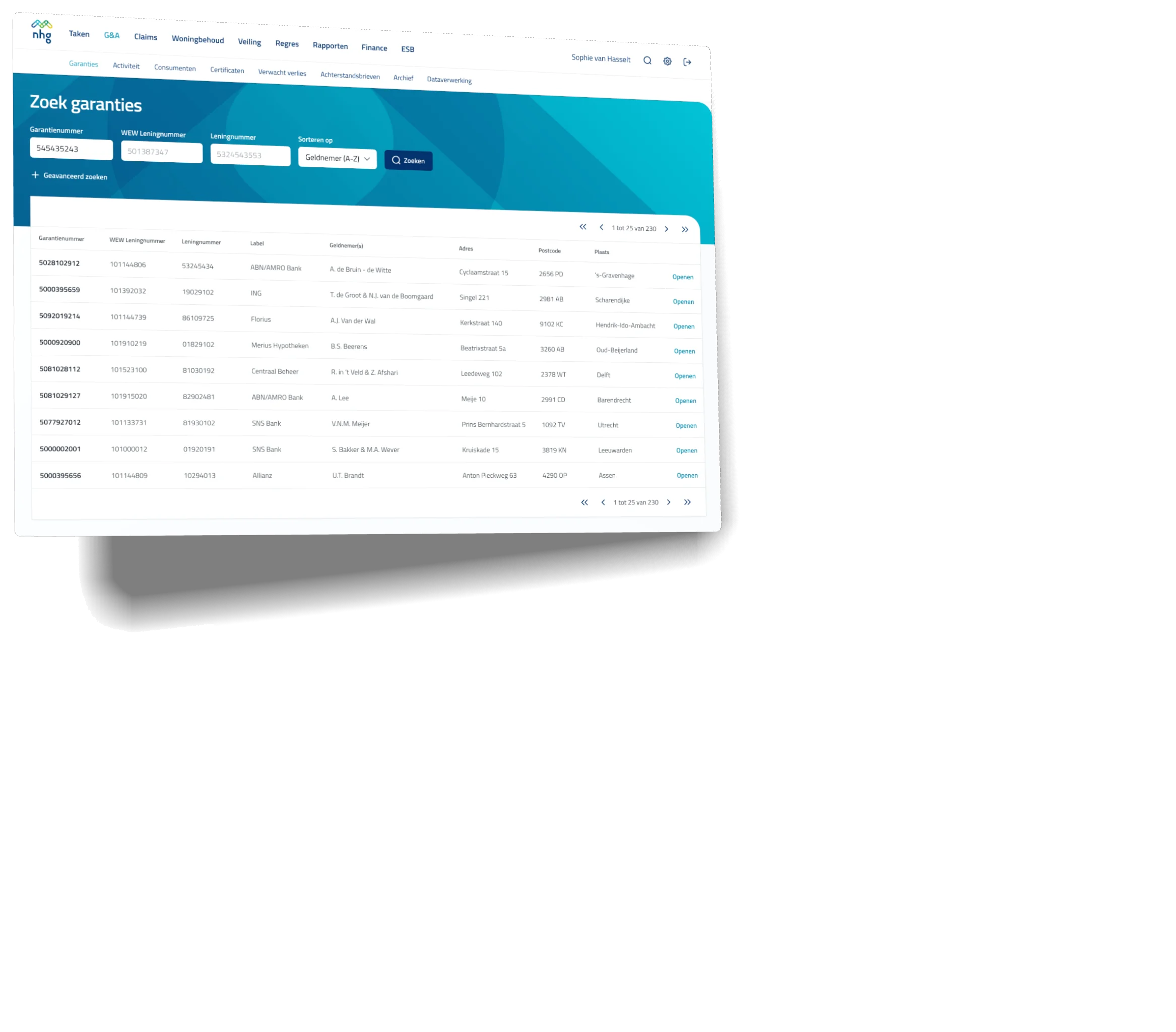 Three screens of NHG's back-office application: searching guarantees, assessing a loss declaration step by step and a guarantee's documents
