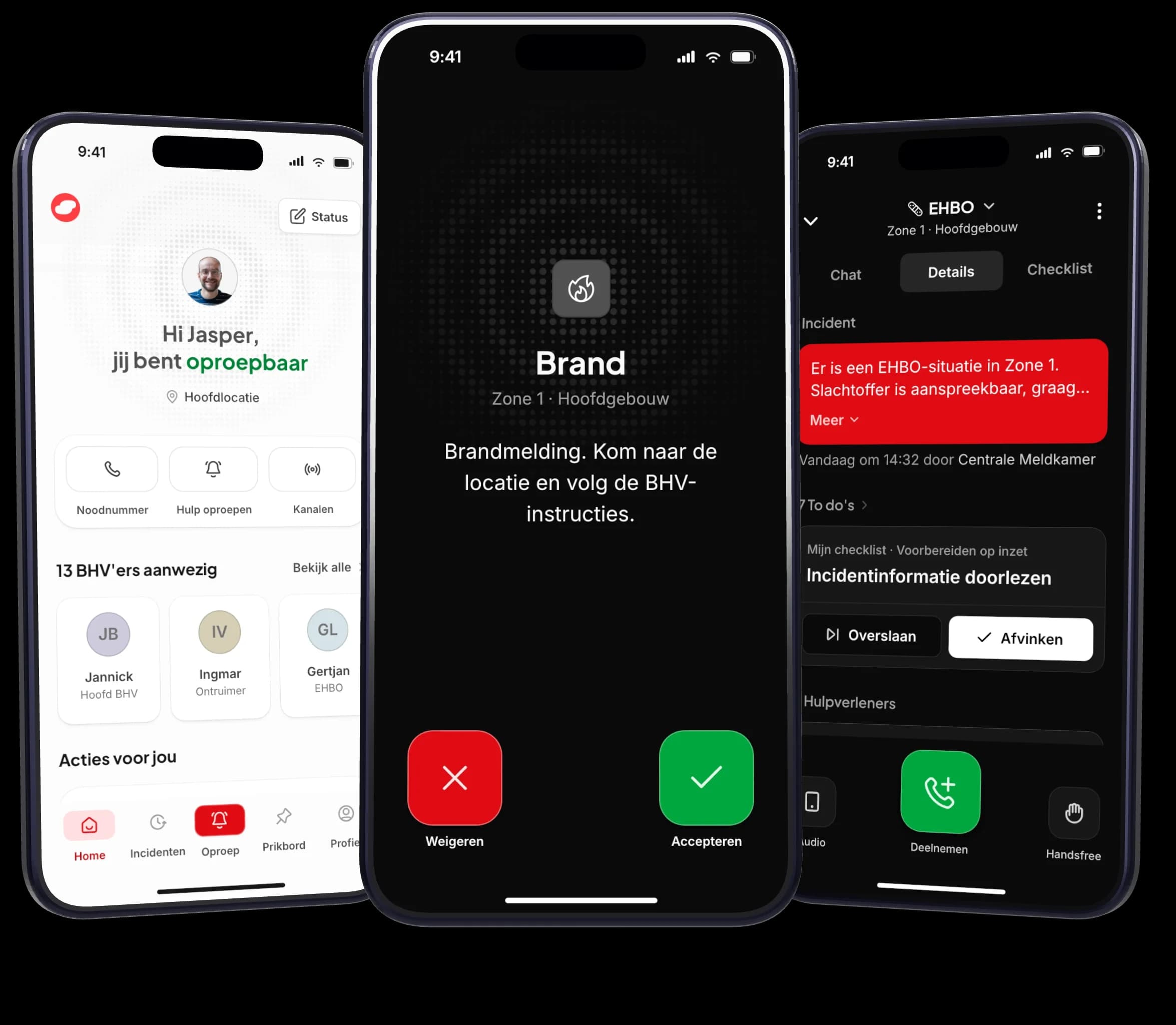 Drie schermen van de nieuwe Safeguard-app naast elkaar: het homescherm dat zegt dat je oproepbaar bent, een binnenkomende oproep voor brand en een actief incident met de push-to-talk-balk.