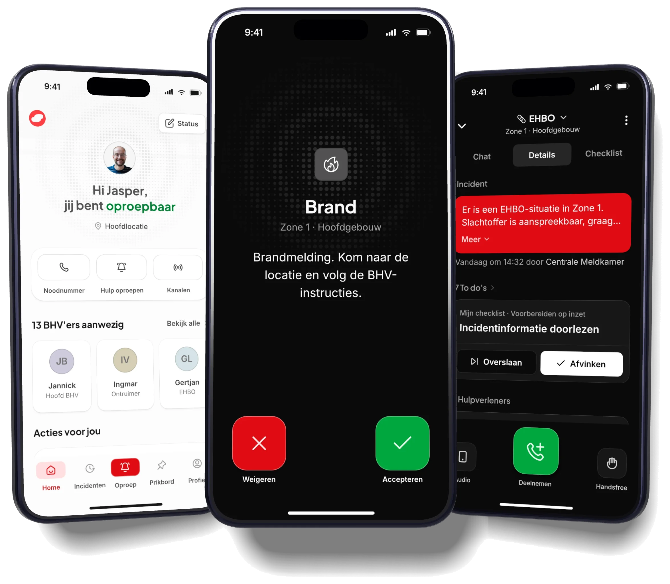Three phones with Safeguard's responder app: the home screen, an incoming fire alarm to accept or decline and an active first-aid incident