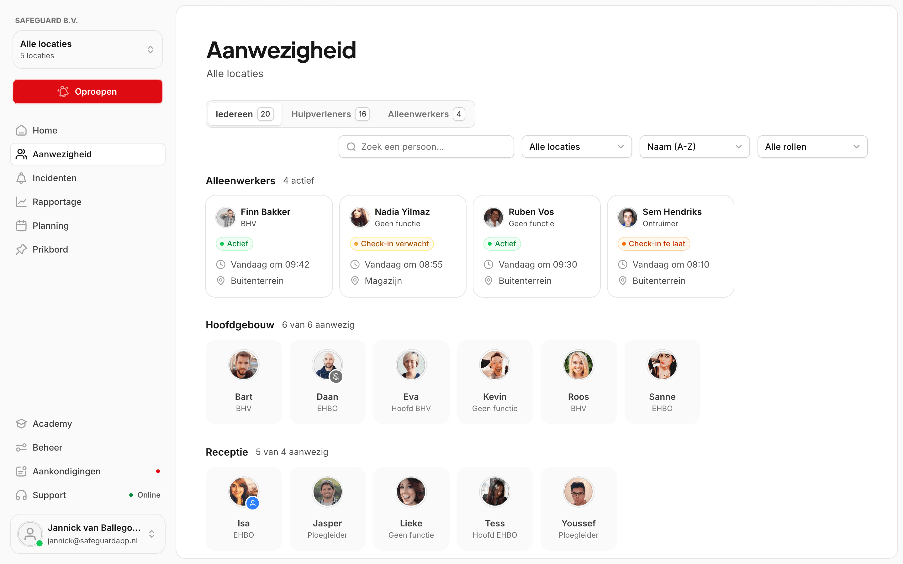 De aanwezigheidspagina: BHV'ers per locatie met hun status en waarom iemand niet als aanwezig telt