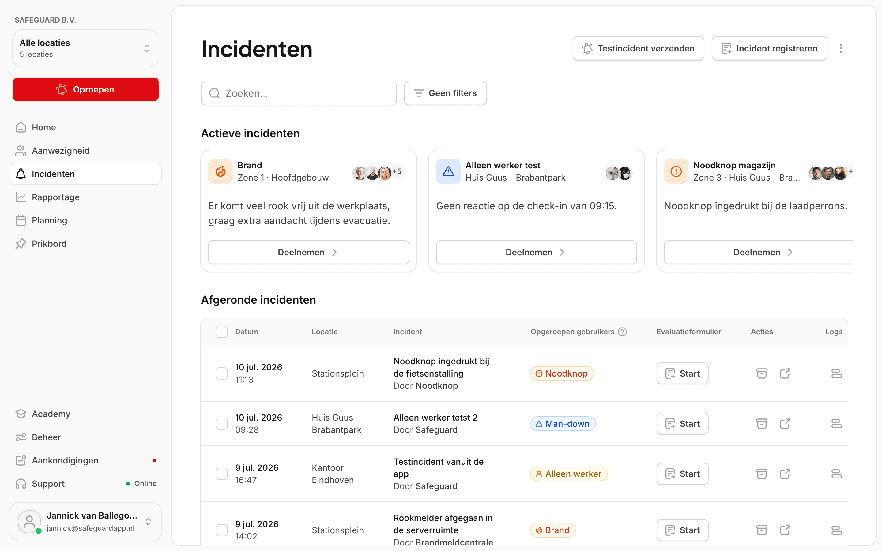 De incidentenpagina van het nieuwe dashboard: twee kaarten met actieve incidenten boven een tabel met afgeronde