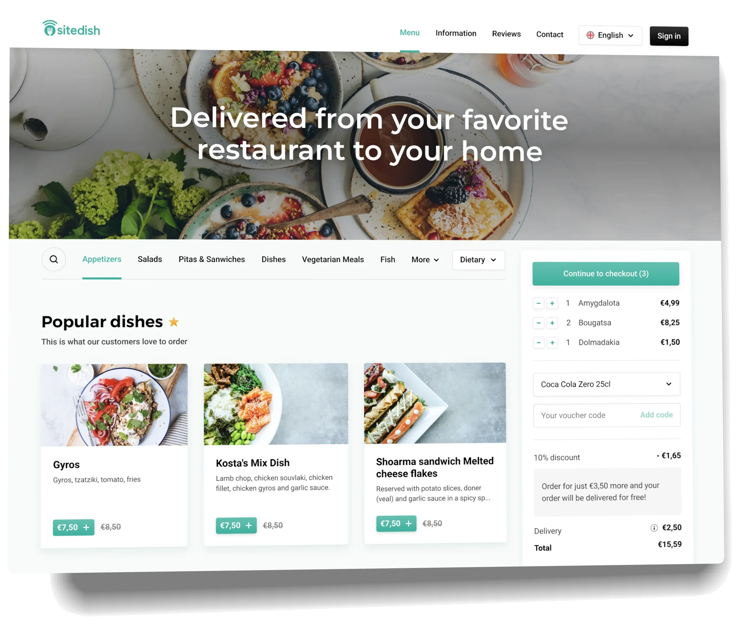 A restaurant's Sitedish ordering site: the menu by category, popular dishes and the order with its discount and delivery costs