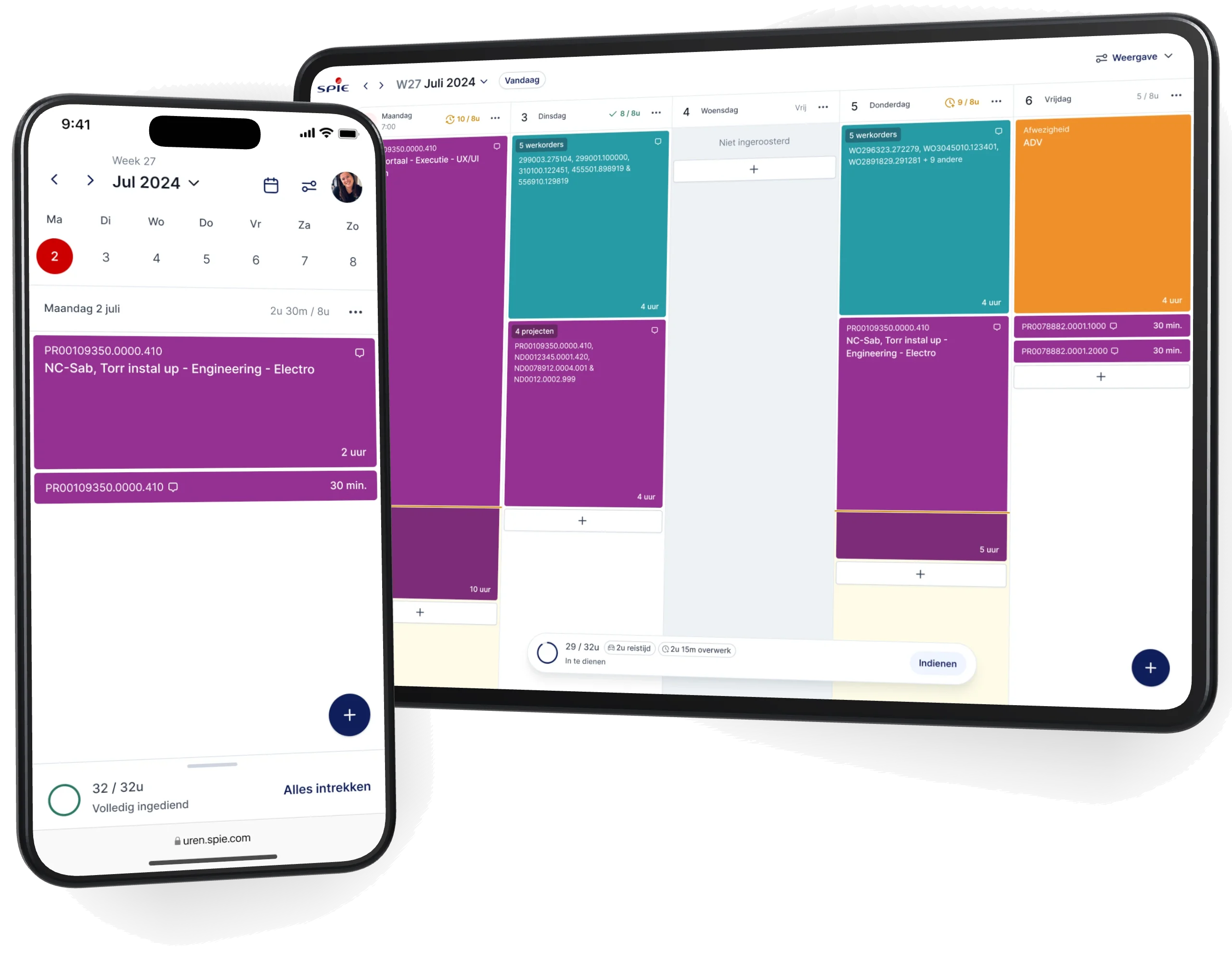 De tijdregistratie van SPIE op een telefoon en een tablet: de uren van één dag op de telefoon, en een week aan werkorders, projecten en verlof op de tablet