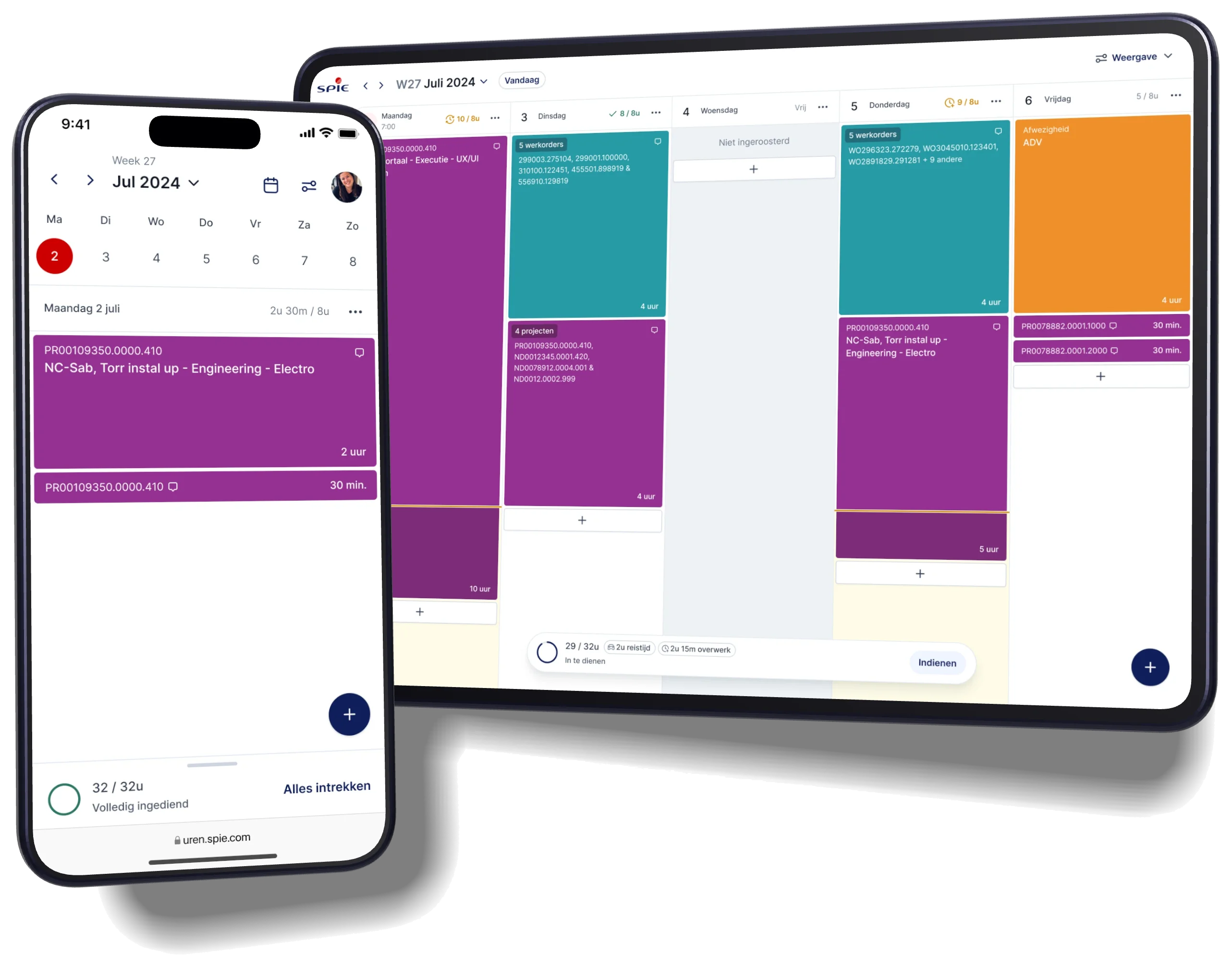 SPIE's time registration on a phone and a tablet: one day's hours on the phone, and a week of work orders, projects and leave on the tablet