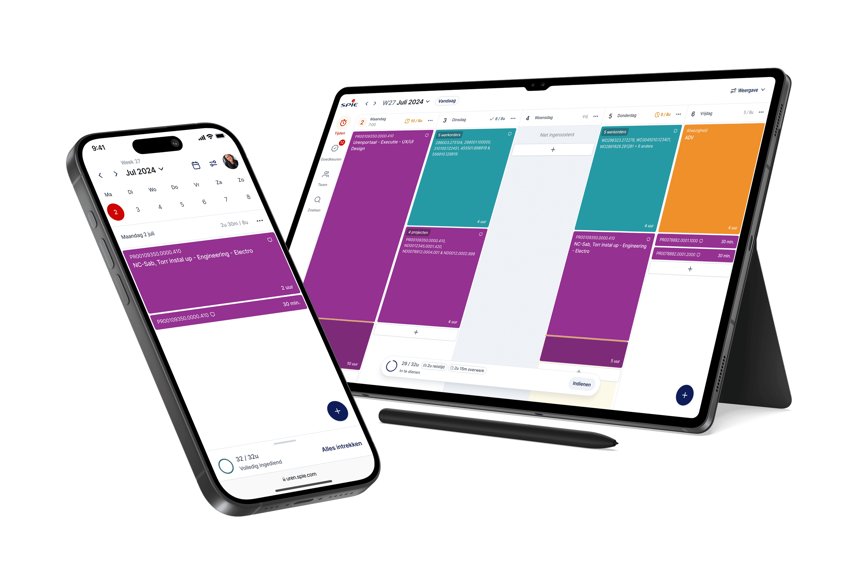 The START time registration app on a phone and a tablet, showing a week of logged hours in the calendar view.