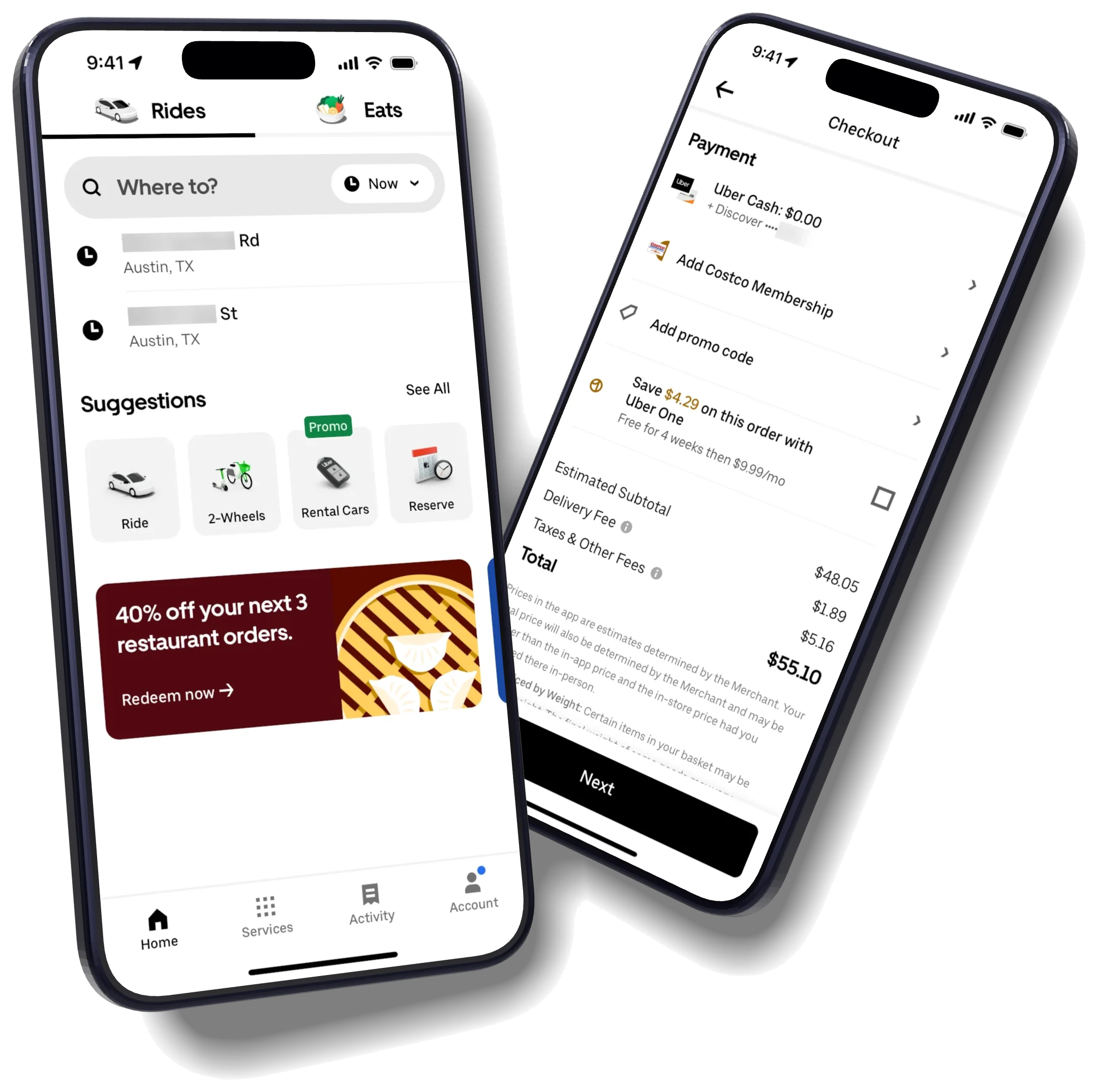 Two phones with the Uber app: the rides home screen with its suggestions, and the checkout with its payment options and the order's total