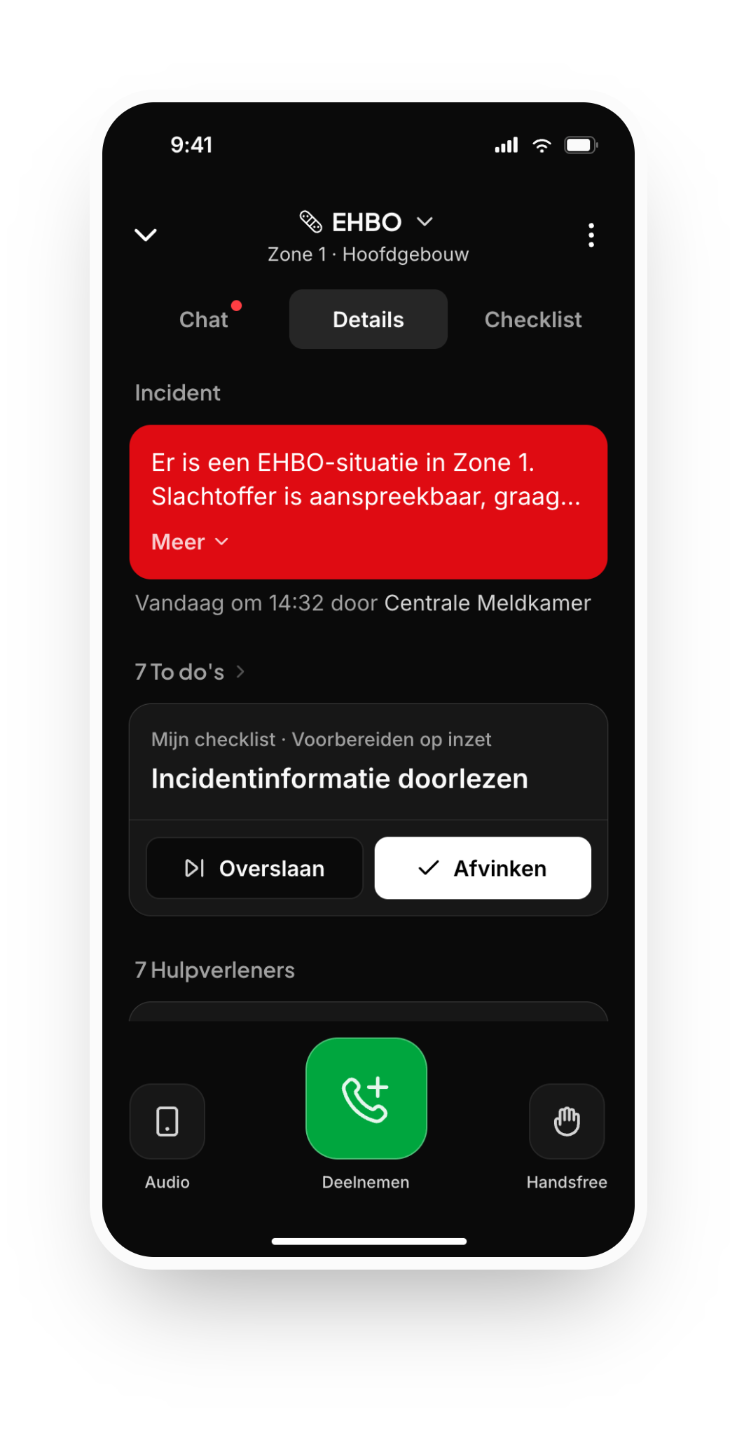 An iPhone showing the Safeguard app in the incident screen, with the push-to-talk controls and the list of responders who joined.